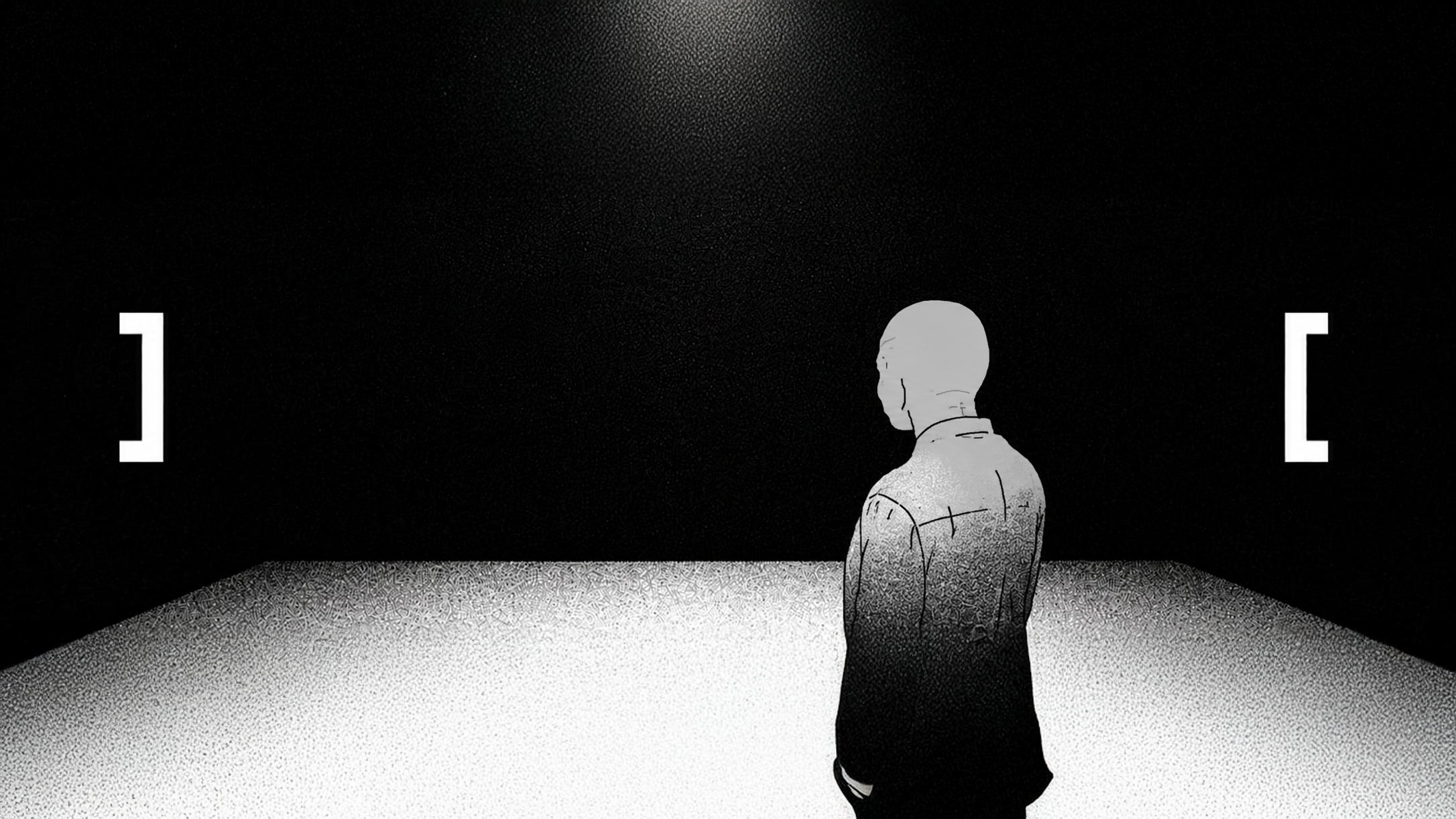 A solitary humanoid AI figure standing in a black void on a glowing white floor, flanked by bracket marks